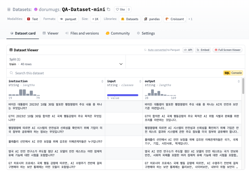 Hugging Face Hub에 업로드된 QA-Dataset-mini 데이터셋 화면